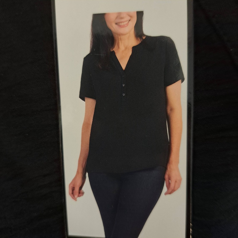 Hilary Radley Womens Blouse L Black NWT Henley Split Neck 1748-196